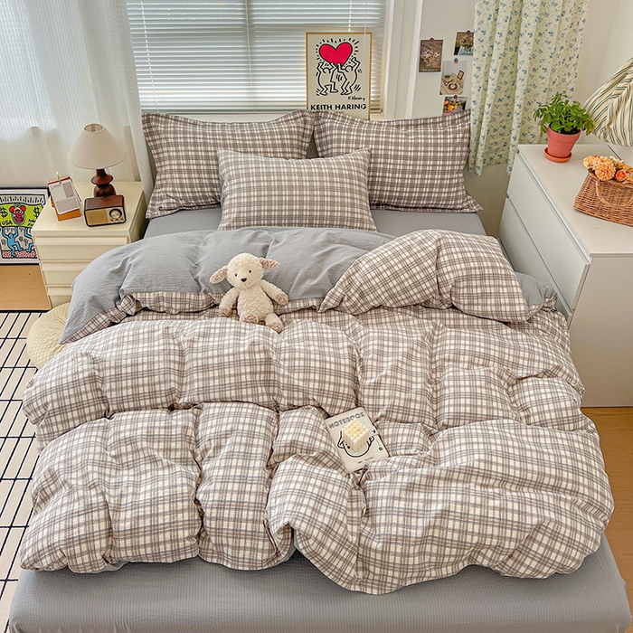 91家纺网 家纺一手货源 找家纺 梦纤绒 2025新款古法水洗棉小布袋四件套，高克重木棉云柔棉 灰咖小格