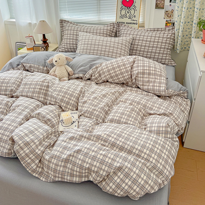 91家纺网 家纺一手货源 找家纺 梦纤绒 2025新款古法水洗棉小布袋四件套，高克重木棉云柔棉 灰咖小格