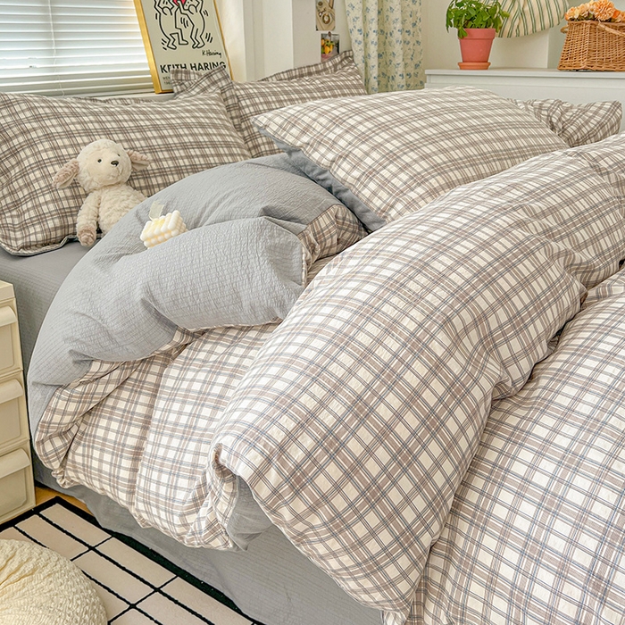 91家纺网 家纺一手货源 找家纺 梦纤绒 2025新款古法水洗棉小布袋四件套，高克重木棉云柔棉 灰咖小格