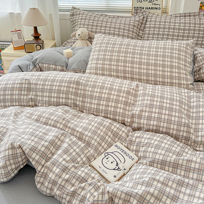 91家纺网 家纺一手货源 找家纺 梦纤绒 2025新款古法水洗棉小布袋四件套，高克重木棉云柔棉 灰咖小格