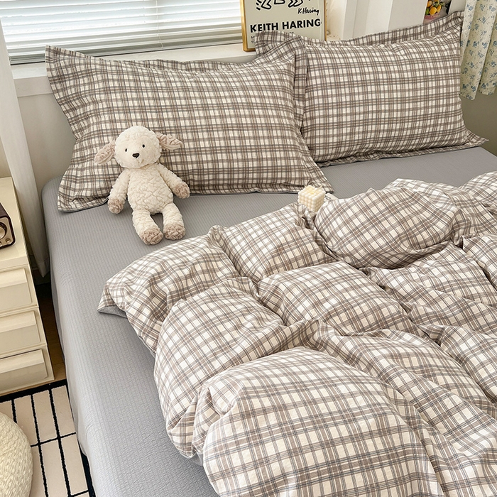 91家纺网 家纺一手货源 找家纺 梦纤绒 2025新款古法水洗棉小布袋四件套，高克重木棉云柔棉 灰咖小格