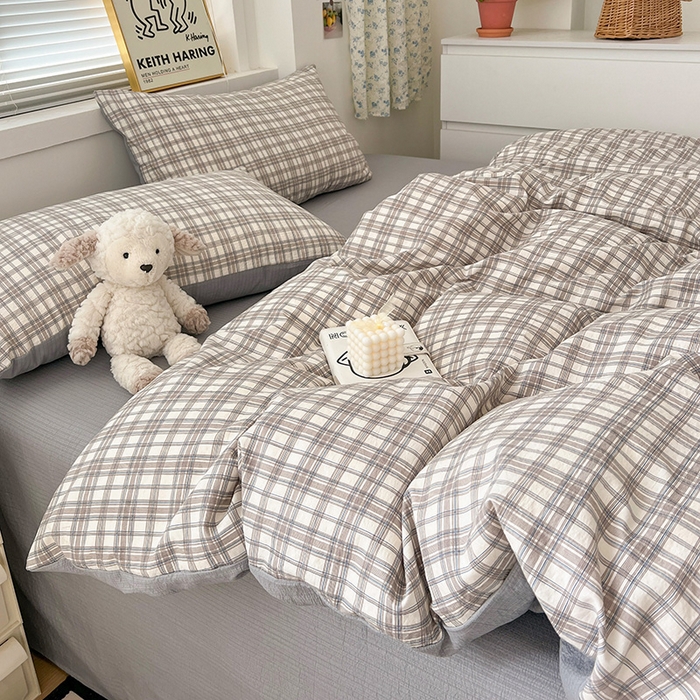 91家纺网 家纺一手货源 找家纺 梦纤绒 2025新款古法水洗棉小布袋四件套，高克重木棉云柔棉 灰咖小格