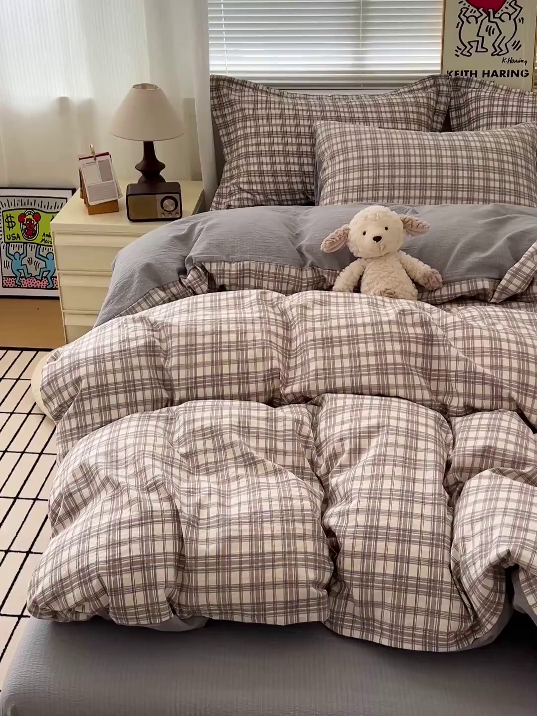 91家纺网 家纺一手货源 找家纺 梦纤绒 2025新款古法水洗棉小布袋四件套，高克重木棉云柔棉 灰咖小格