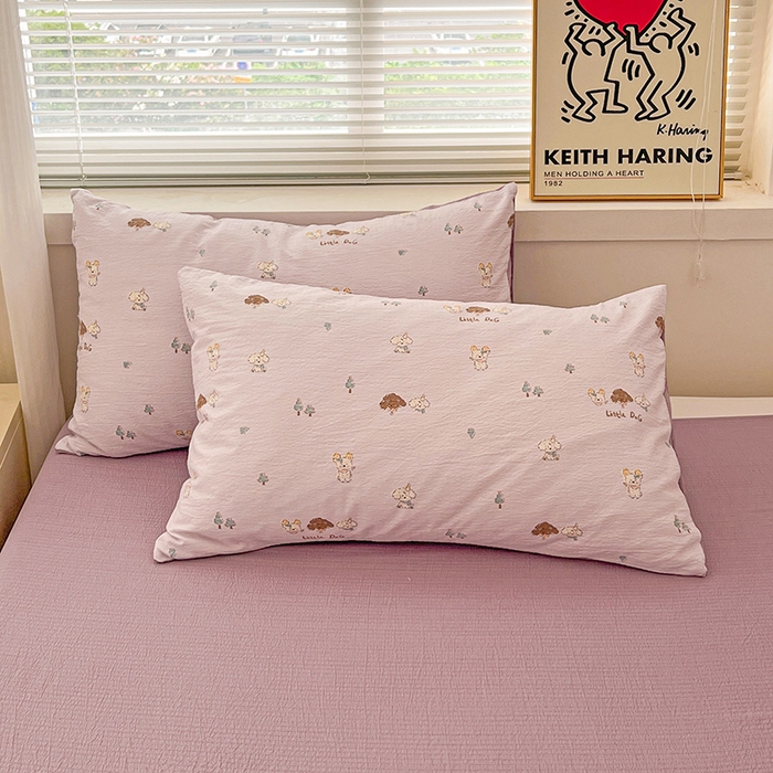 91家纺网 家纺一手货源 找家纺 梦纤绒 2025新款古法水洗棉小布袋四件套，高克重木棉云柔棉 快乐小狗