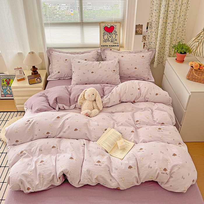 91家纺网 家纺一手货源 找家纺 梦纤绒 2025新款古法水洗棉小布袋四件套，高克重木棉云柔棉 快乐小狗