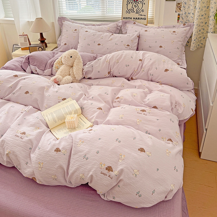 91家纺网 家纺一手货源 找家纺 梦纤绒 2025新款古法水洗棉小布袋四件套，高克重木棉云柔棉 快乐小狗