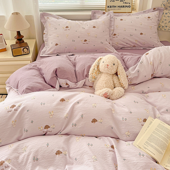 91家纺网 家纺一手货源 找家纺 梦纤绒 2025新款古法水洗棉小布袋四件套，高克重木棉云柔棉 快乐小狗