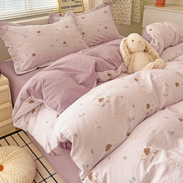 91家纺网 家纺一手货源 找家纺 梦纤绒 2025新款古法水洗棉小布袋四件套，高克重木棉云柔棉 快乐小狗