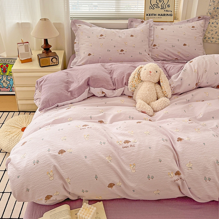 91家纺网 家纺一手货源 找家纺 梦纤绒 2025新款古法水洗棉小布袋四件套，高克重木棉云柔棉 快乐小狗