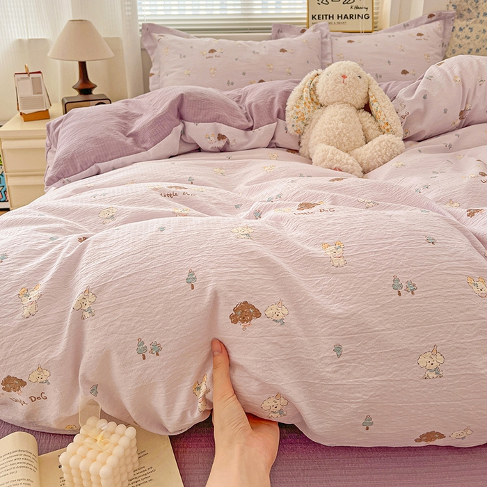 91家纺网 家纺一手货源 找家纺 梦纤绒 2025新款古法水洗棉小布袋四件套，高克重木棉云柔棉 快乐小狗