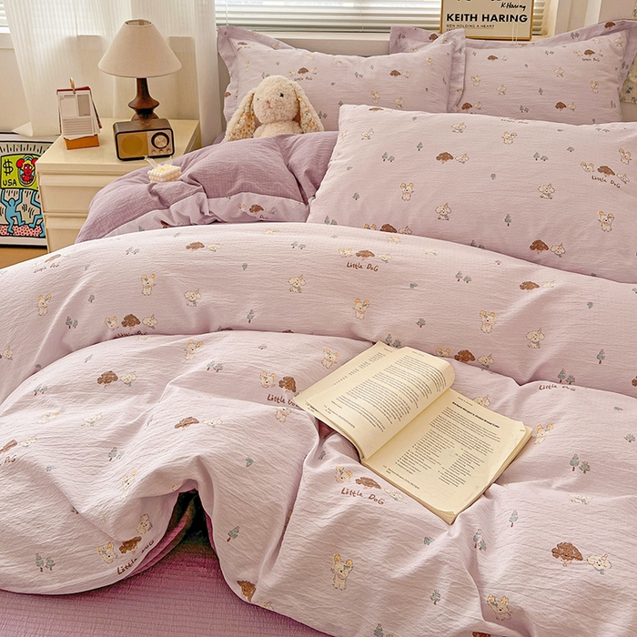 91家纺网 家纺一手货源 找家纺 梦纤绒 2025新款古法水洗棉小布袋四件套，高克重木棉云柔棉 快乐小狗