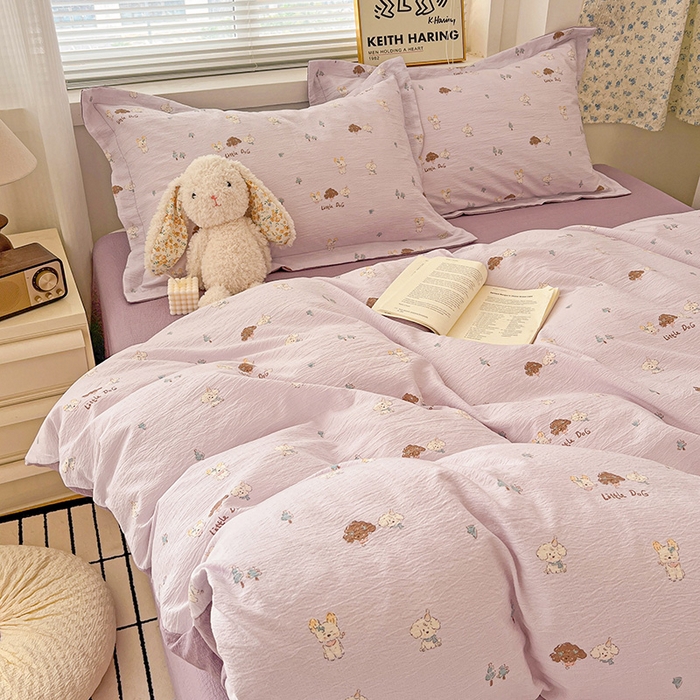 91家纺网 家纺一手货源 找家纺 梦纤绒 2025新款古法水洗棉小布袋四件套，高克重木棉云柔棉 快乐小狗