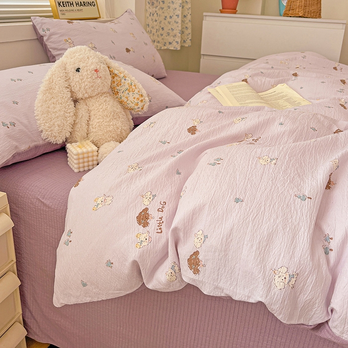 91家纺网 家纺一手货源 找家纺 梦纤绒 2025新款古法水洗棉小布袋四件套，高克重木棉云柔棉 快乐小狗