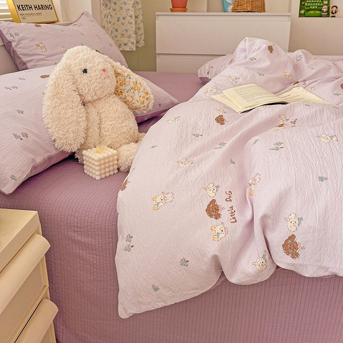 91家纺网 家纺一手货源 找家纺 梦纤绒 2025新款古法水洗棉小布袋四件套，高克重木棉云柔棉 快乐小狗