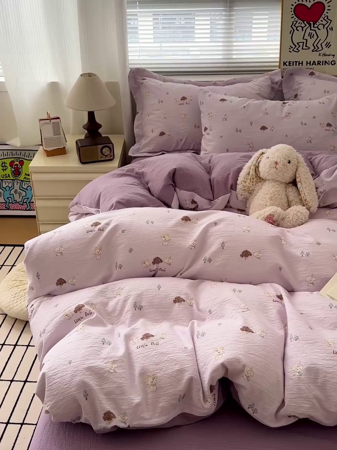 91家纺网 家纺一手货源 找家纺 梦纤绒 2025新款古法水洗棉小布袋四件套，高克重木棉云柔棉 快乐小狗