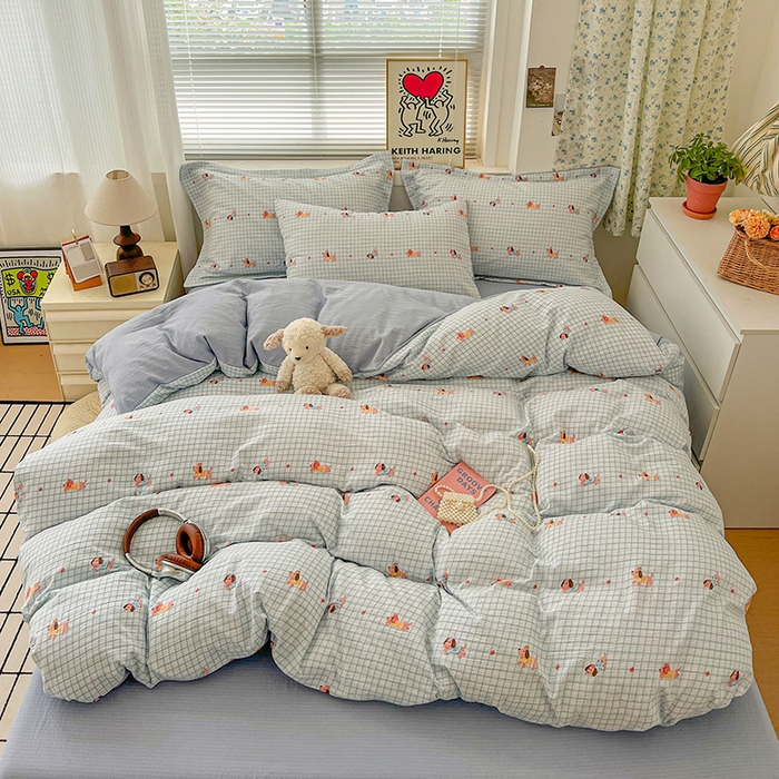 91家纺网 家纺一手货源 找家纺 梦纤绒 2025新款古法水洗棉小布袋四件套，高克重木棉云柔棉 腊肠狗