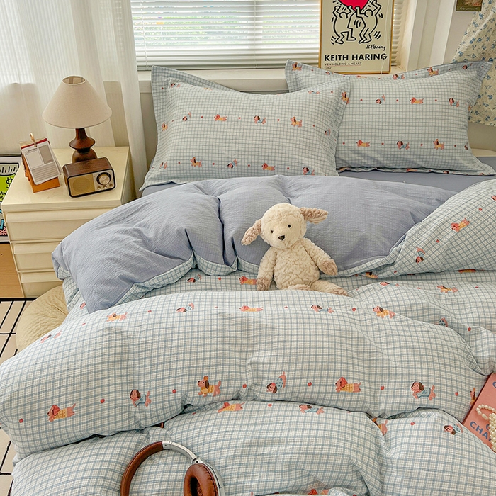 91家纺网 家纺一手货源 找家纺 梦纤绒 2025新款古法水洗棉小布袋四件套，高克重木棉云柔棉 腊肠狗