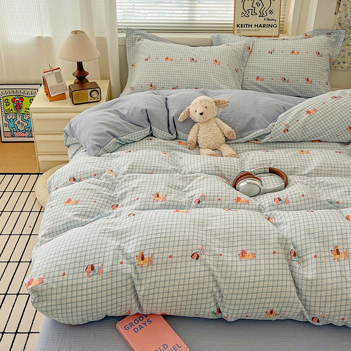 91家纺网 家纺一手货源 找家纺 梦纤绒 2025新款古法水洗棉小布袋四件套，高克重木棉云柔棉 腊肠狗