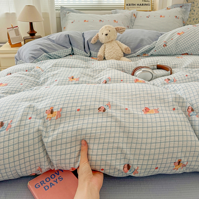 91家纺网 家纺一手货源 找家纺 梦纤绒 2025新款古法水洗棉小布袋四件套，高克重木棉云柔棉 腊肠狗