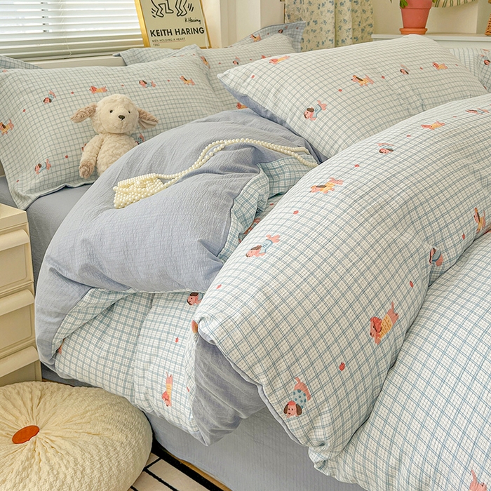 91家纺网 家纺一手货源 找家纺 梦纤绒 2025新款古法水洗棉小布袋四件套，高克重木棉云柔棉 腊肠狗