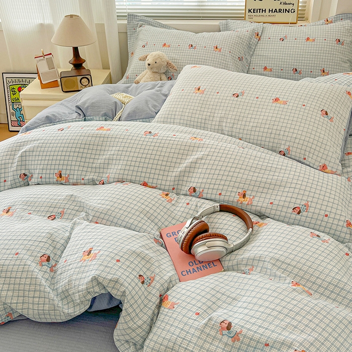 91家纺网 家纺一手货源 找家纺 梦纤绒 2025新款古法水洗棉小布袋四件套，高克重木棉云柔棉 腊肠狗