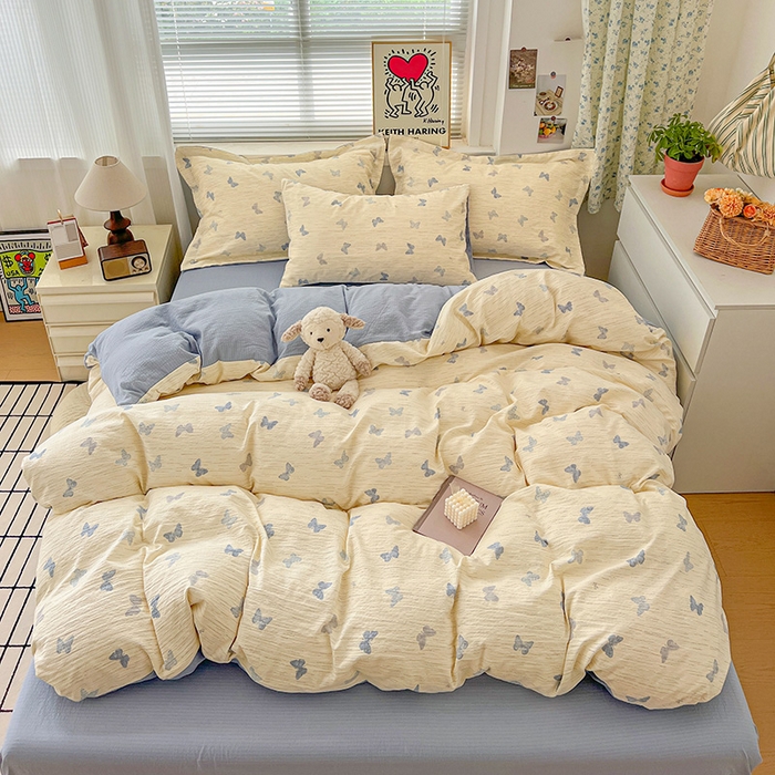 91家纺网 家纺一手货源 找家纺 梦纤绒 2025新款古法水洗棉小布袋四件套，高克重木棉云柔棉 蓝色幻蝶