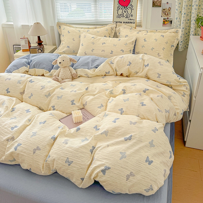 91家纺网 家纺一手货源 找家纺 梦纤绒 2025新款古法水洗棉小布袋四件套，高克重木棉云柔棉 蓝色幻蝶