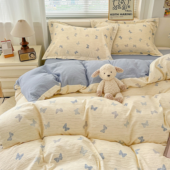 91家纺网 家纺一手货源 找家纺 梦纤绒 2025新款古法水洗棉小布袋四件套，高克重木棉云柔棉 蓝色幻蝶