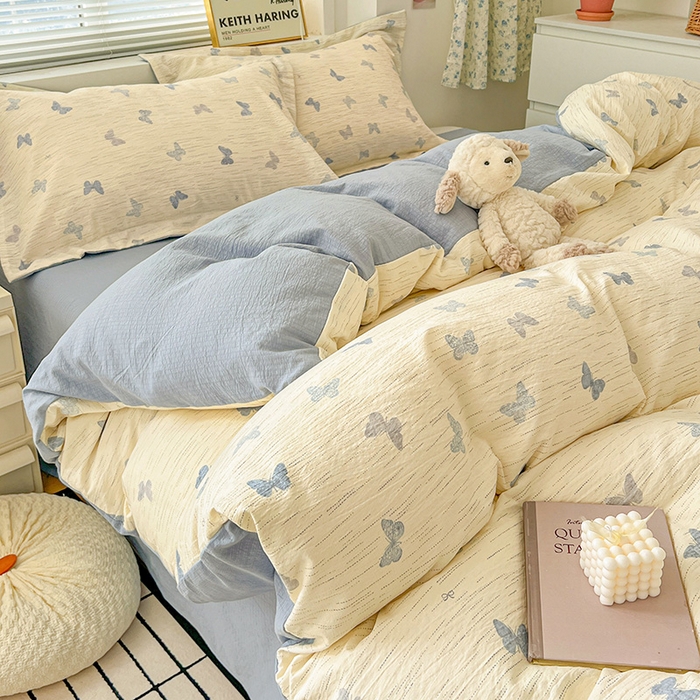 91家纺网 家纺一手货源 找家纺 梦纤绒 2025新款古法水洗棉小布袋四件套，高克重木棉云柔棉 蓝色幻蝶