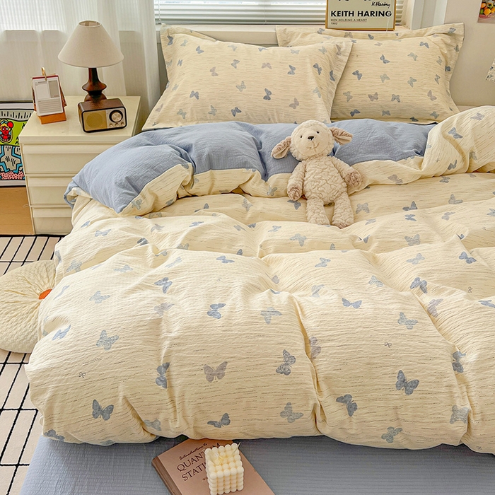 91家纺网 家纺一手货源 找家纺 梦纤绒 2025新款古法水洗棉小布袋四件套，高克重木棉云柔棉 蓝色幻蝶