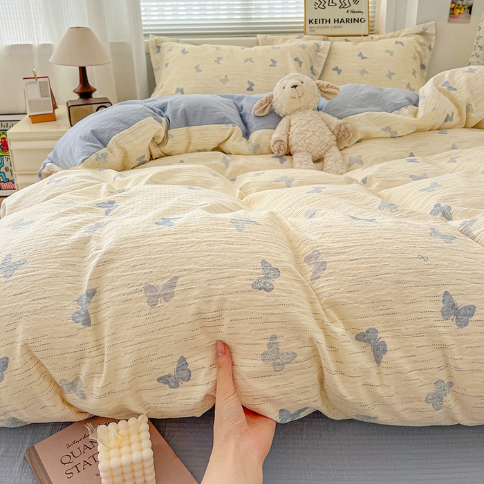 91家纺网 家纺一手货源 找家纺 梦纤绒 2025新款古法水洗棉小布袋四件套，高克重木棉云柔棉 蓝色幻蝶