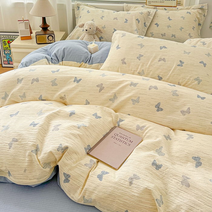 91家纺网 家纺一手货源 找家纺 梦纤绒 2025新款古法水洗棉小布袋四件套，高克重木棉云柔棉 蓝色幻蝶