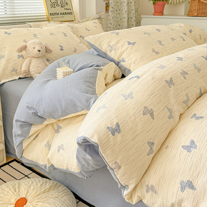 91家纺网 家纺一手货源 找家纺 梦纤绒 2025新款古法水洗棉小布袋四件套，高克重木棉云柔棉 蓝色幻蝶