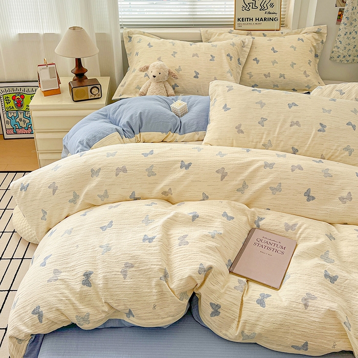 91家纺网 家纺一手货源 找家纺 梦纤绒 2025新款古法水洗棉小布袋四件套，高克重木棉云柔棉 蓝色幻蝶