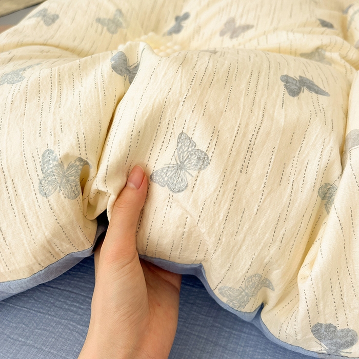 91家纺网 家纺一手货源 找家纺 梦纤绒 2025新款古法水洗棉小布袋四件套，高克重木棉云柔棉 蓝色幻蝶