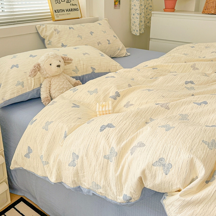 91家纺网 家纺一手货源 找家纺 梦纤绒 2025新款古法水洗棉小布袋四件套，高克重木棉云柔棉 蓝色幻蝶