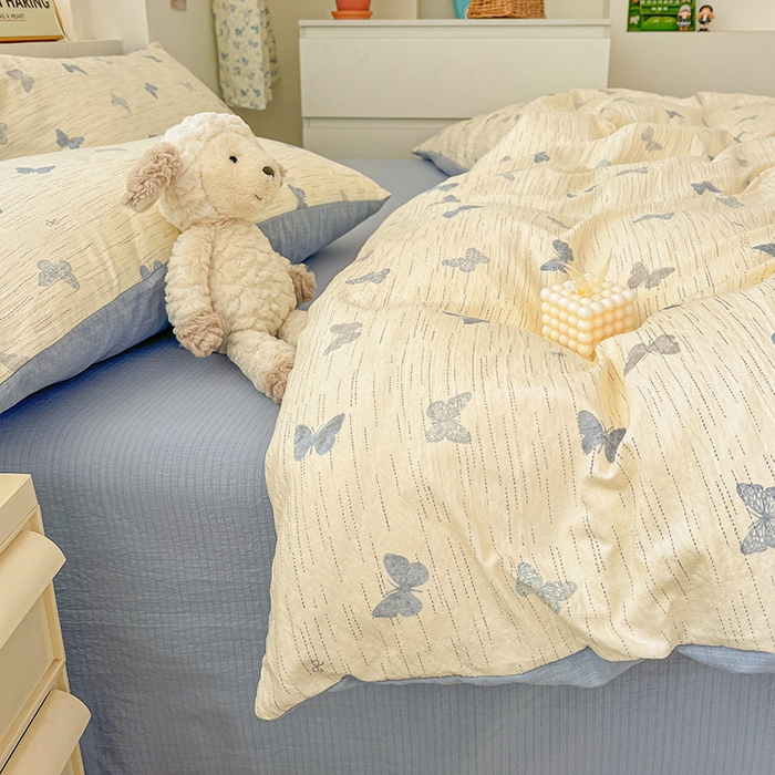 91家纺网 家纺一手货源 找家纺 梦纤绒 2025新款古法水洗棉小布袋四件套，高克重木棉云柔棉 蓝色幻蝶