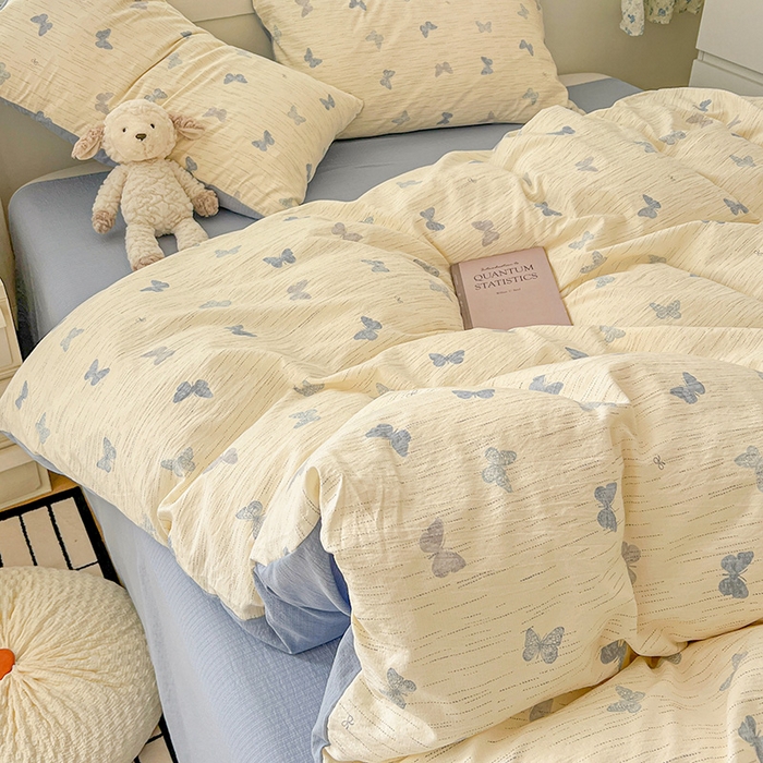 91家纺网 家纺一手货源 找家纺 梦纤绒 2025新款古法水洗棉小布袋四件套，高克重木棉云柔棉 蓝色幻蝶