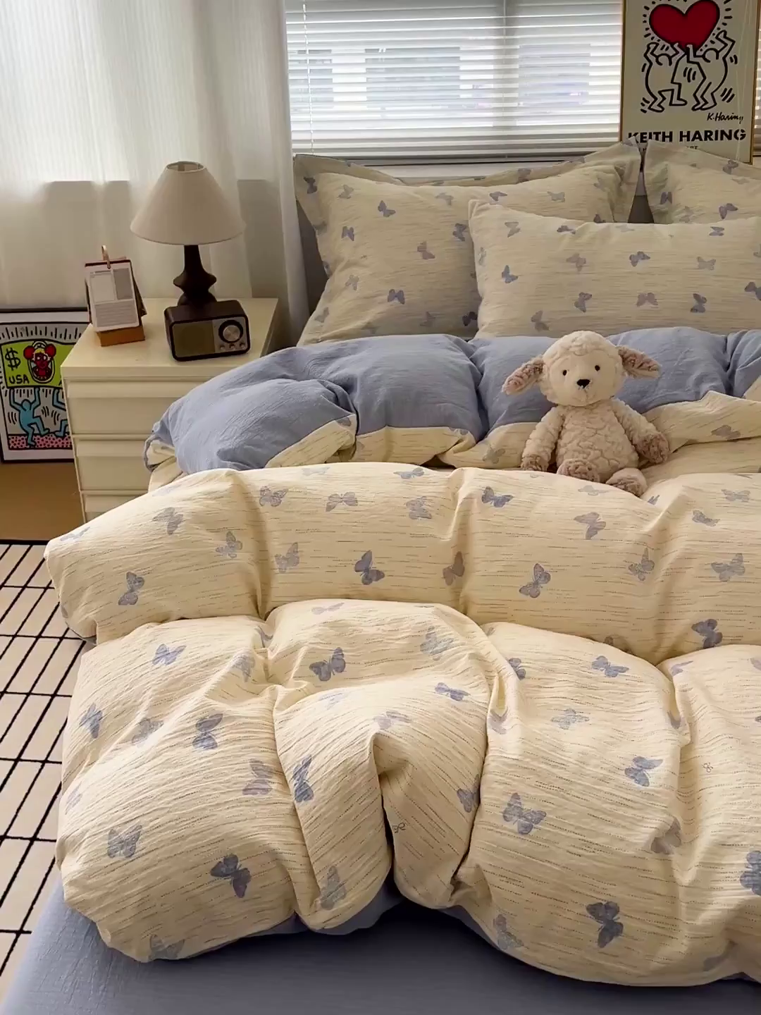 91家纺网 家纺一手货源 找家纺 梦纤绒 2025新款古法水洗棉小布袋四件套，高克重木棉云柔棉 蓝色幻蝶