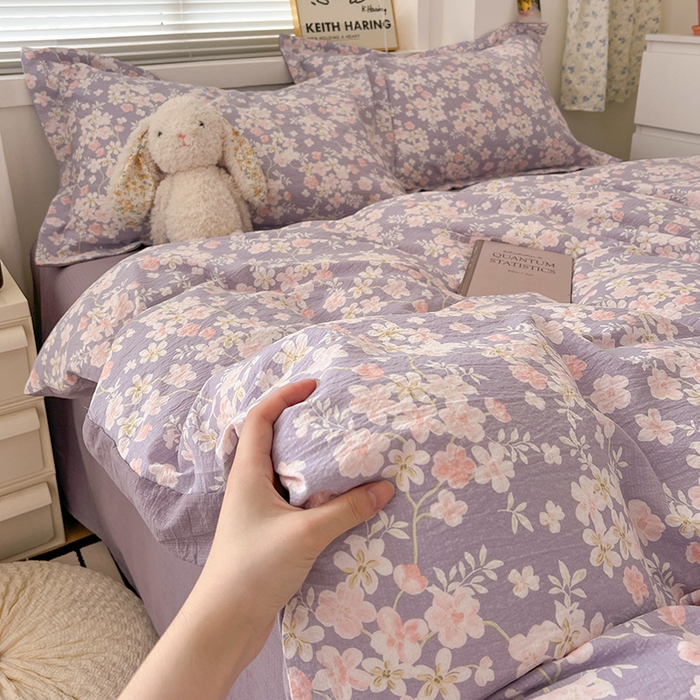 梦纤绒 2025新款古法水洗棉小布袋四件套，高克重木棉云柔棉 莫奈-紫