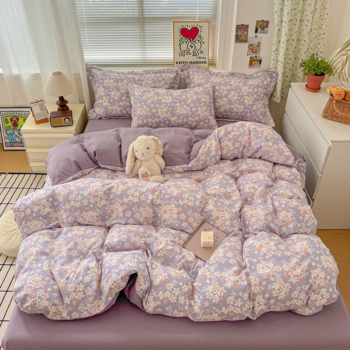 91家纺网 家纺一手货源 找家纺 梦纤绒 2025新款古法水洗棉小布袋四件套，高克重木棉云柔棉 莫奈-紫