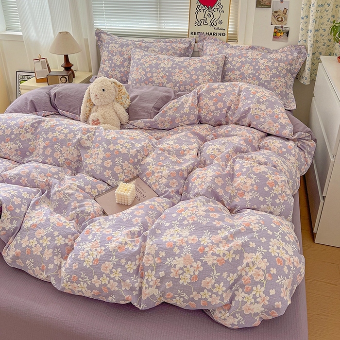 91家纺网 家纺一手货源 找家纺 梦纤绒 2025新款古法水洗棉小布袋四件套，高克重木棉云柔棉 莫奈-紫