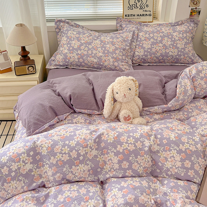 91家纺网 家纺一手货源 找家纺 梦纤绒 2025新款古法水洗棉小布袋四件套，高克重木棉云柔棉 莫奈-紫