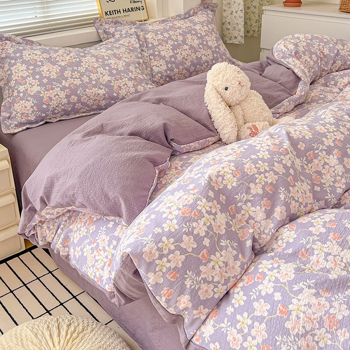 91家纺网 家纺一手货源 找家纺 梦纤绒 2025新款古法水洗棉小布袋四件套，高克重木棉云柔棉 莫奈-紫