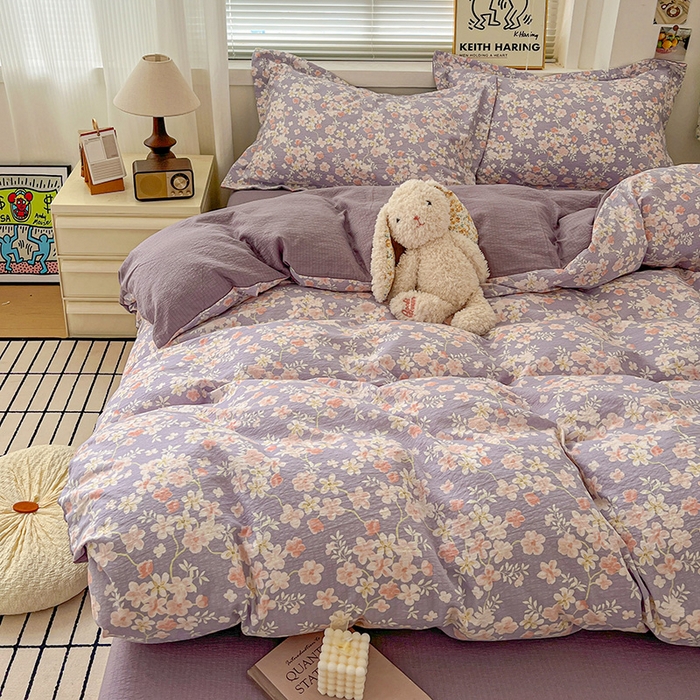 91家纺网 家纺一手货源 找家纺 梦纤绒 2025新款古法水洗棉小布袋四件套，高克重木棉云柔棉 莫奈-紫