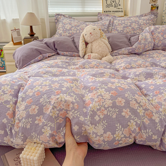 91家纺网 家纺一手货源 找家纺 梦纤绒 2025新款古法水洗棉小布袋四件套，高克重木棉云柔棉 莫奈-紫