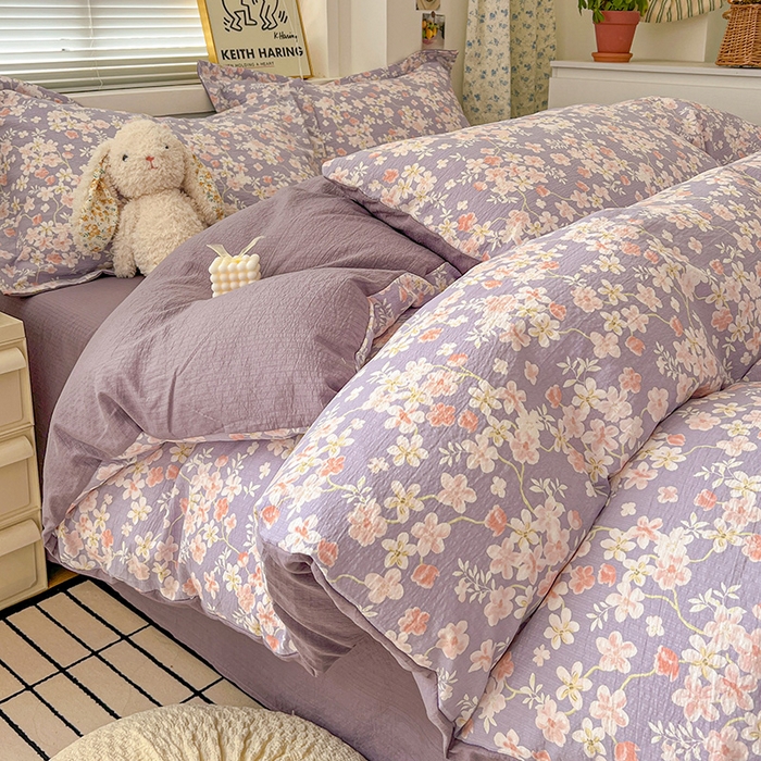 91家纺网 家纺一手货源 找家纺 梦纤绒 2025新款古法水洗棉小布袋四件套，高克重木棉云柔棉 莫奈-紫