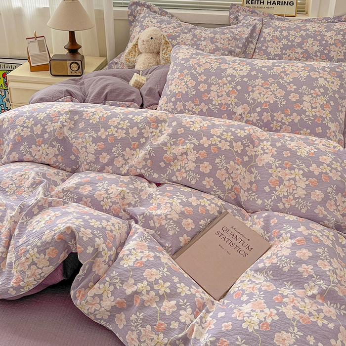 91家纺网 家纺一手货源 找家纺 梦纤绒 2025新款古法水洗棉小布袋四件套，高克重木棉云柔棉 莫奈-紫