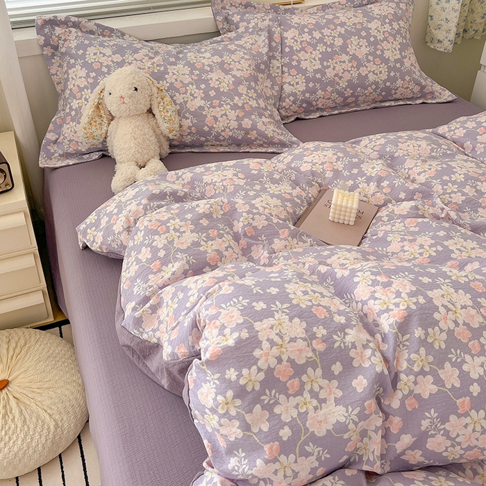 91家纺网 家纺一手货源 找家纺 梦纤绒 2025新款古法水洗棉小布袋四件套，高克重木棉云柔棉 莫奈-紫