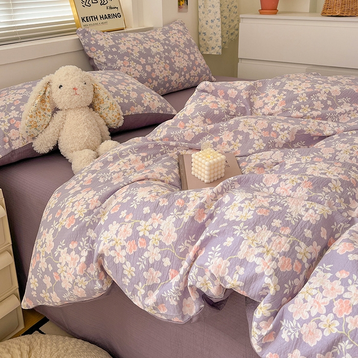 91家纺网 家纺一手货源 找家纺 梦纤绒 2025新款古法水洗棉小布袋四件套，高克重木棉云柔棉 莫奈-紫